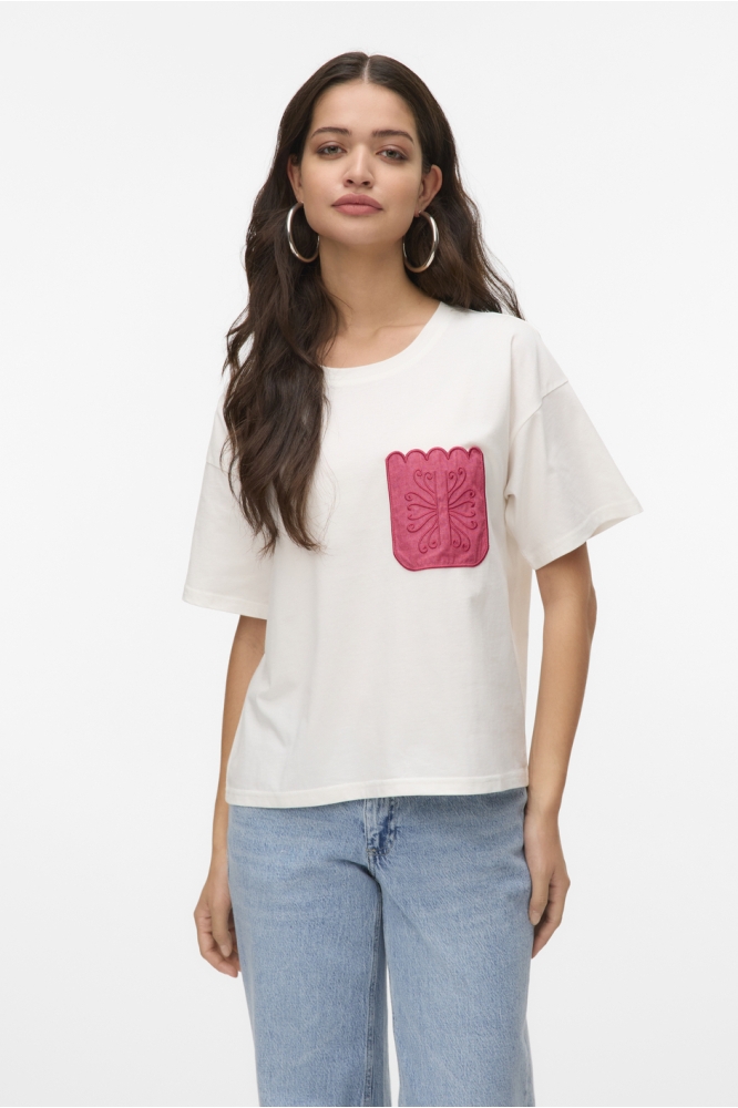 VMDAMBRA S/S O-NECK T-SHIRT JRS BTQ 10330122 Snow White/RED/PINK